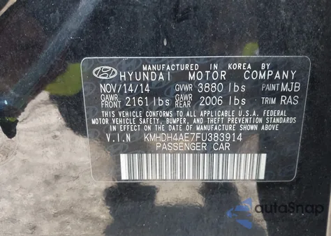 2015 Hyundai Elantra Se from USA, damaged, VIN KMHDH4AE7FU383914